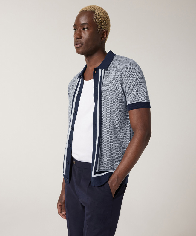 Short Sleeve Button Up Knit with Panel Detail 